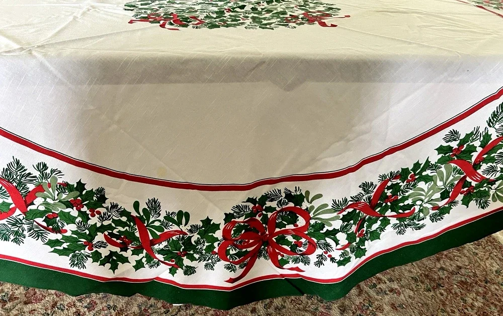 Vintage Christmas Tablecloth Red Ribbons w/ Green & Red Holly Berries 70